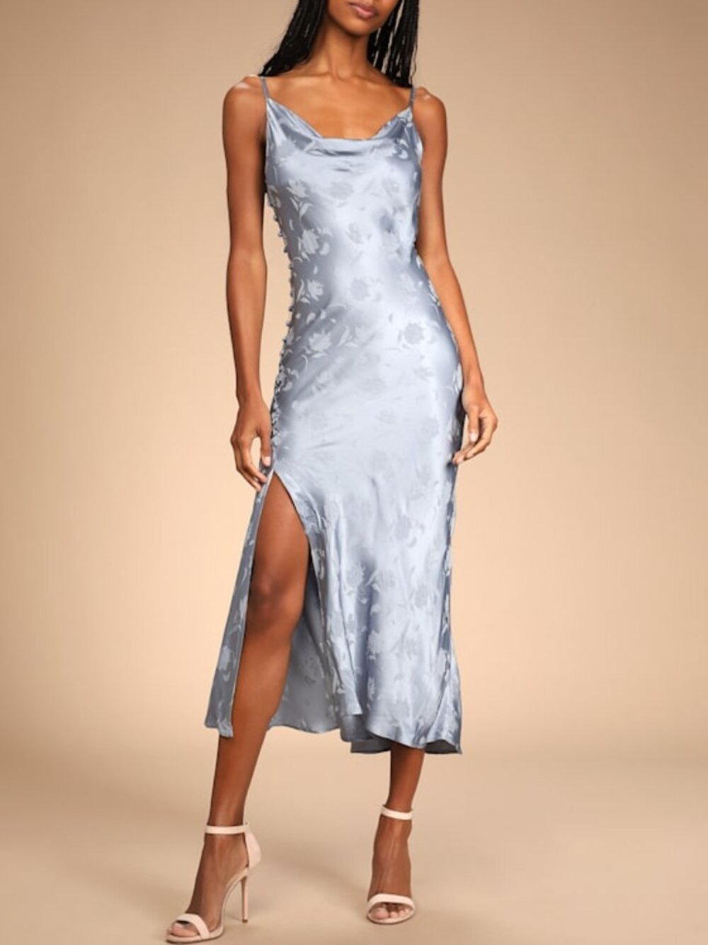 Lulus All About You Slate Blue Floral Jacquard Satin Midi Dress - Size XS